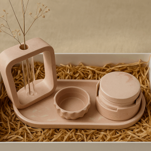 סט מגש + קערית + אגרטל מבחנה +ארבע תחתיות מבטון פולימרי ורדרד